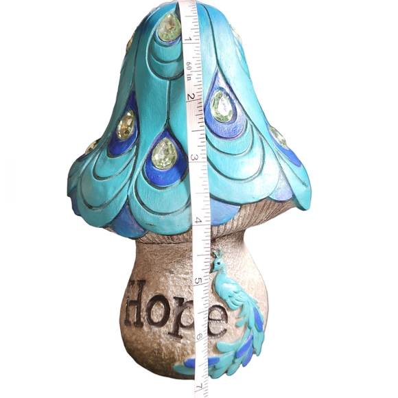 Jeweled "Hope" Turquoise Peacock Resin Mushroom Knickknack Decor 7.5"X5"X4" - Picture 9 of 11